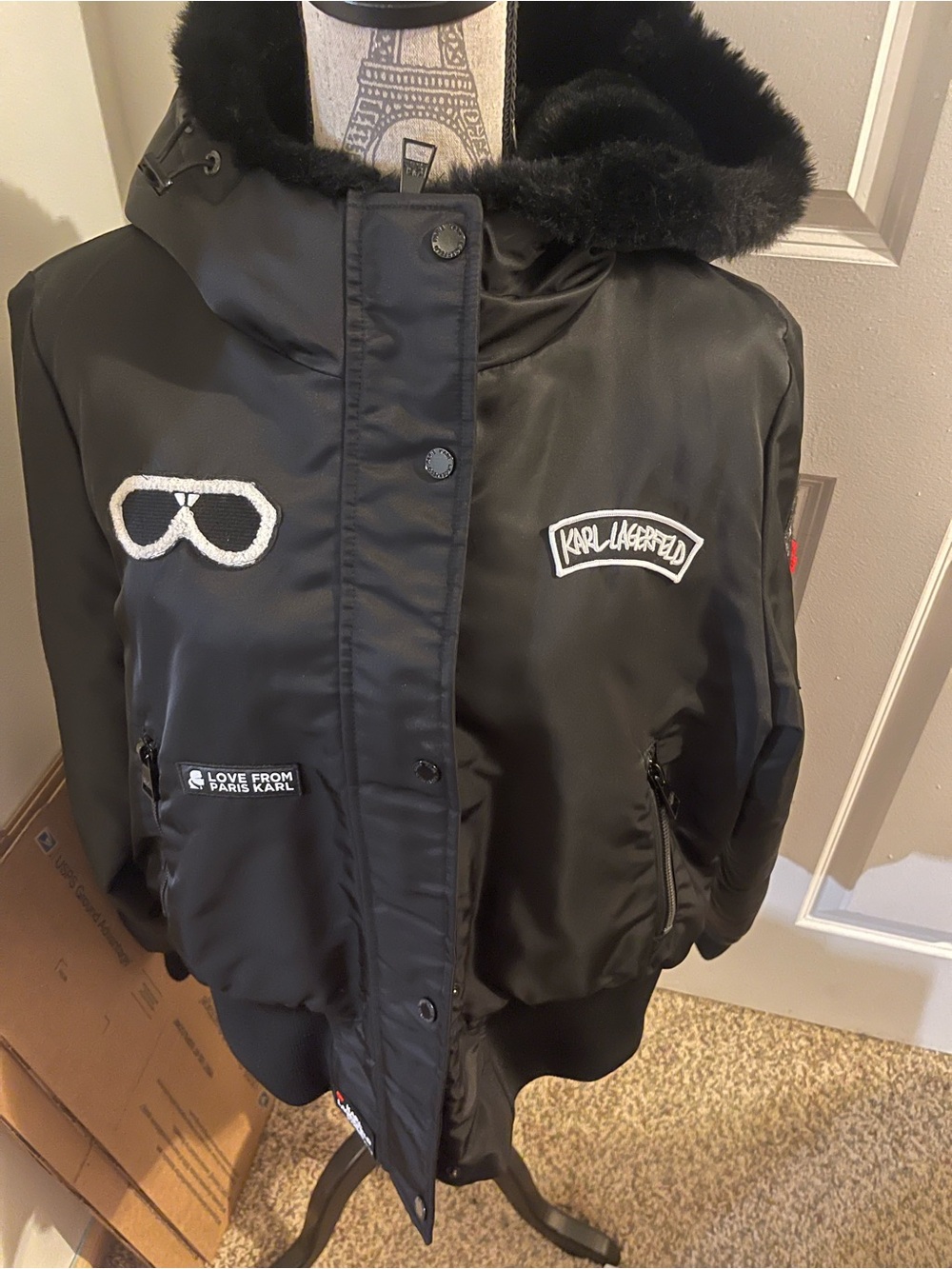 Karl Lagerfeld Women’s Black Hooded Puffer Jacket - Picture 2 of 5